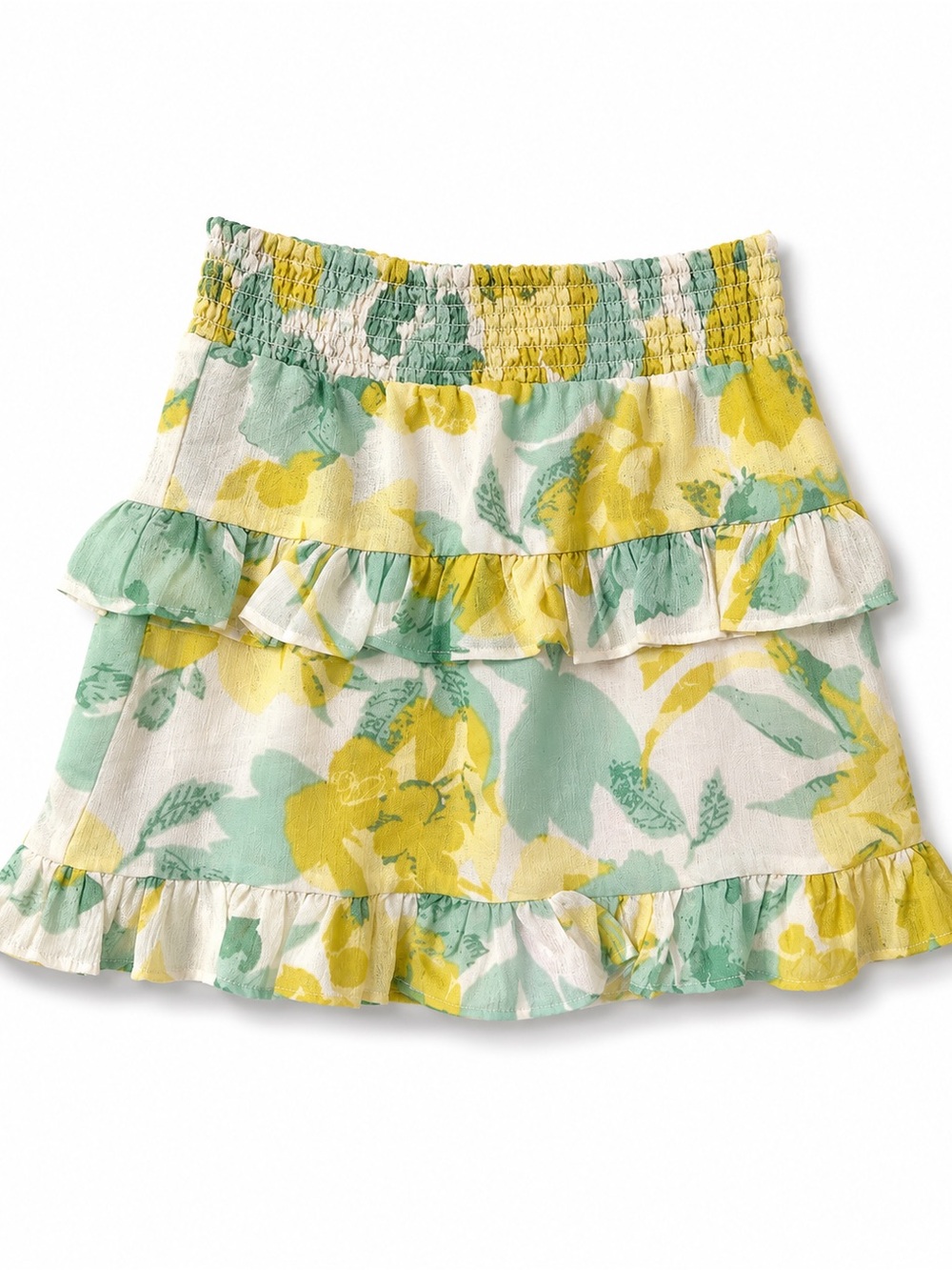 Floral Mini Skirt Ruffle Tiered Smocked Waist Green Yellow Size M NWT